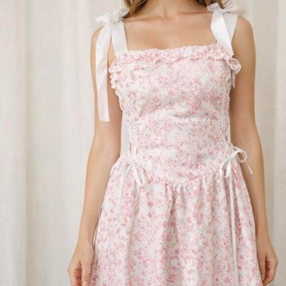 none Dresses & Skirts - Chic Pink Floral Mini Dress with White Ribbons
